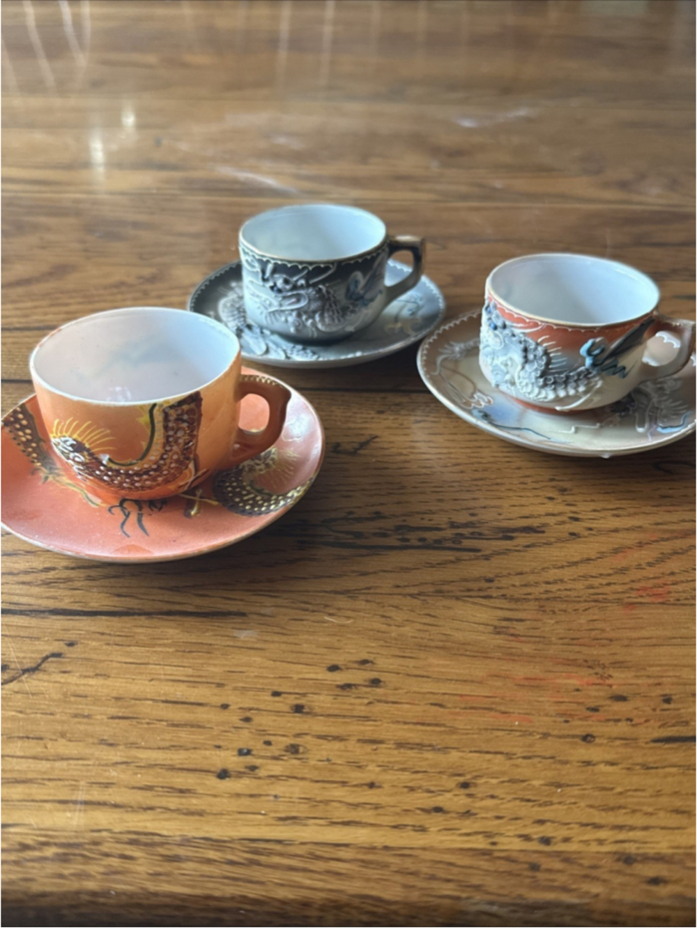 Vintage Dragon Ware ~3 Painted Dragon Lithophane Tea Cup & Saucer Made in Japan